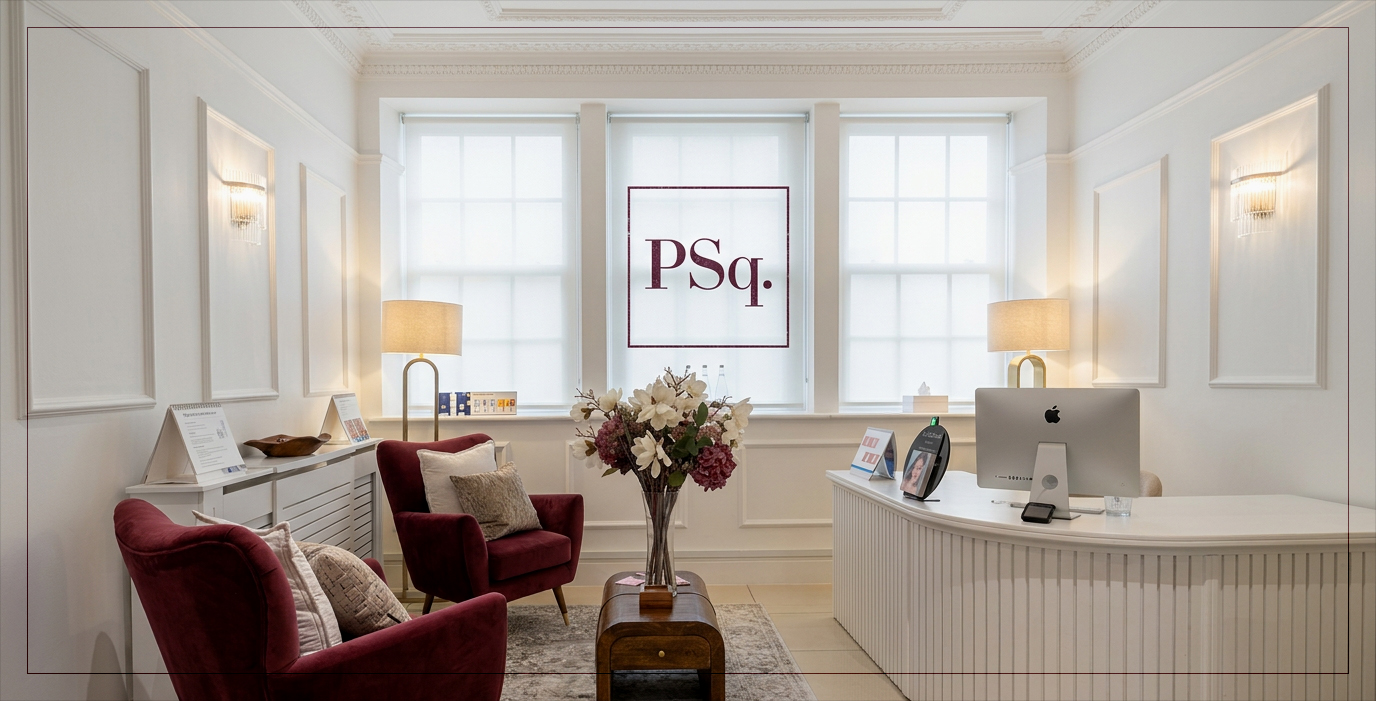 Park Square Clinic reception area in Leeds with velvet chairs and PSq logo